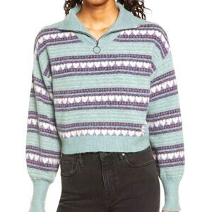 BP Women’s Sweater Long Sleeve Crop Quarter Zip Hearts Size Small Green NWT